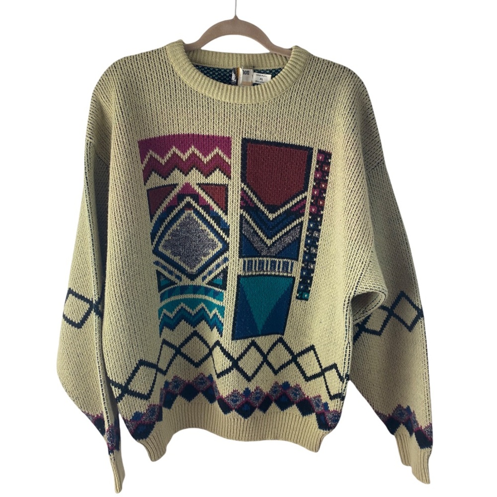 London Fog Vintage Southwestern Pattern Knit Grandpa Sweater Acrylic Sz XL Aztec